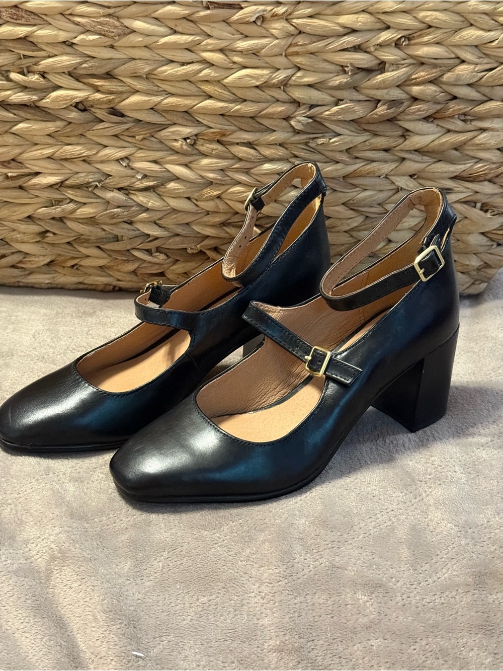 Madewell Black Double-Strap Mary Jane Block Heels